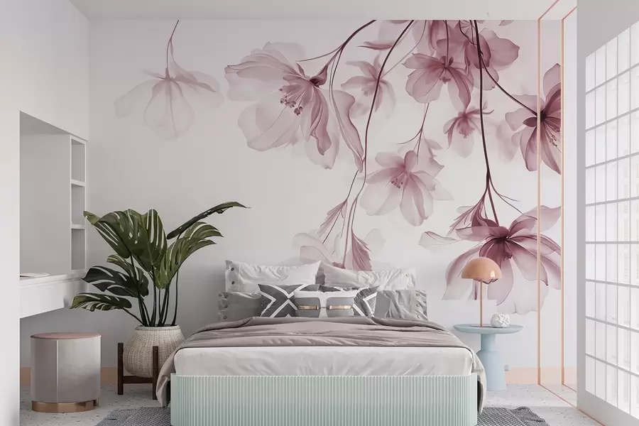 wall murals Розе цвеће са провидним латицама које висе са гране, розе и беле, минималистичка модерна уметничка композиција w08911v2