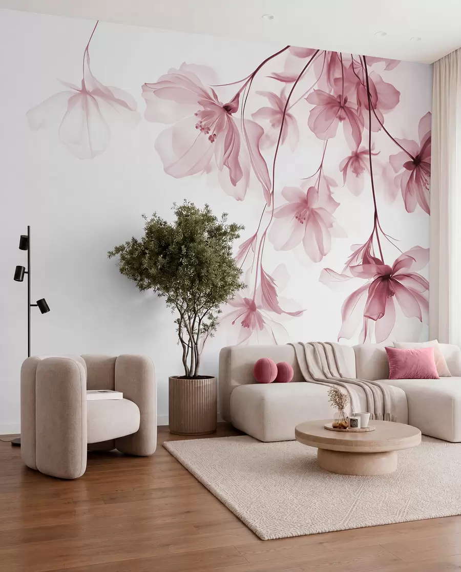 wall murals Розе цвеће са провидним латицама које висе са гране, розе и беле, минималистичка модерна уметничка композиција w08911v2