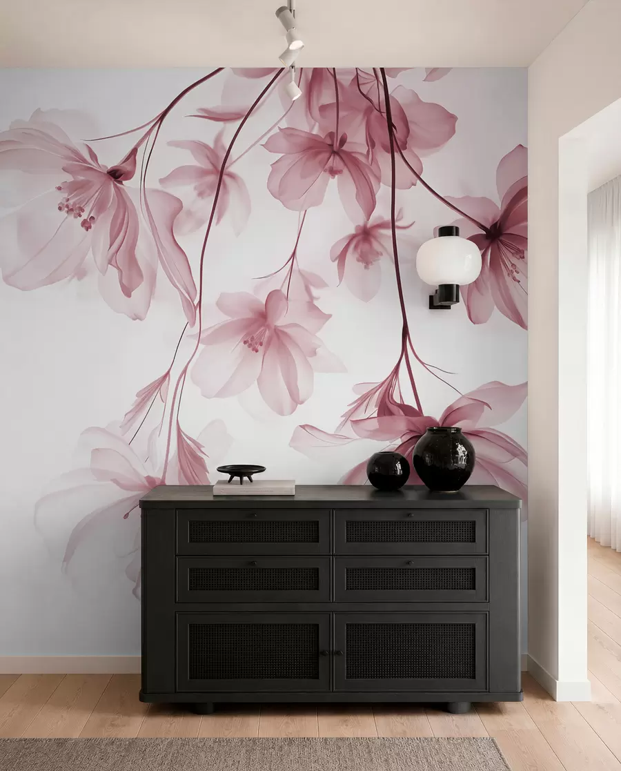 wall murals Розе цвеће са провидним латицама које висе са гране, розе и беле, минималистичка модерна уметничка композиција w08911v2