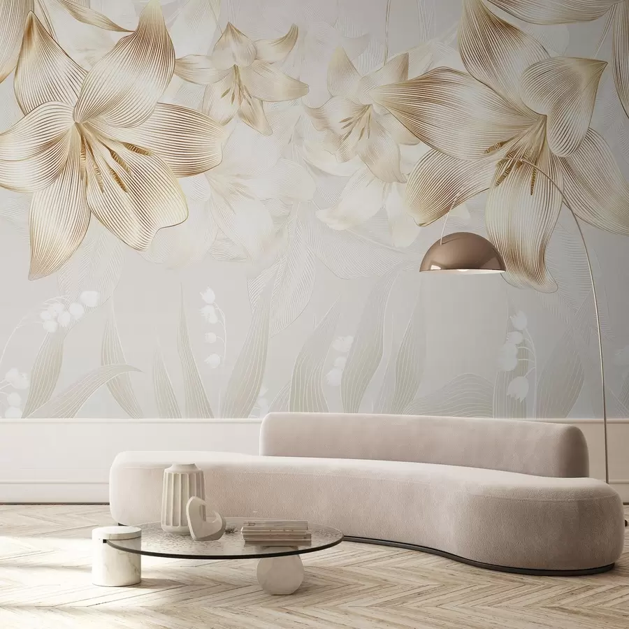 wall murals Жути љиљани са сложеним детаљима линија, елегантан цветни аранжман, неутрална палета боја w08912