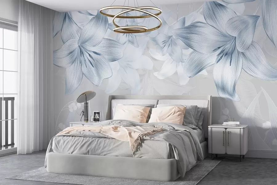 wall murals Плави љиљани са сложеним детаљима линија, елегантним цветним аранжманом, неутралном палетом боја w08912v1