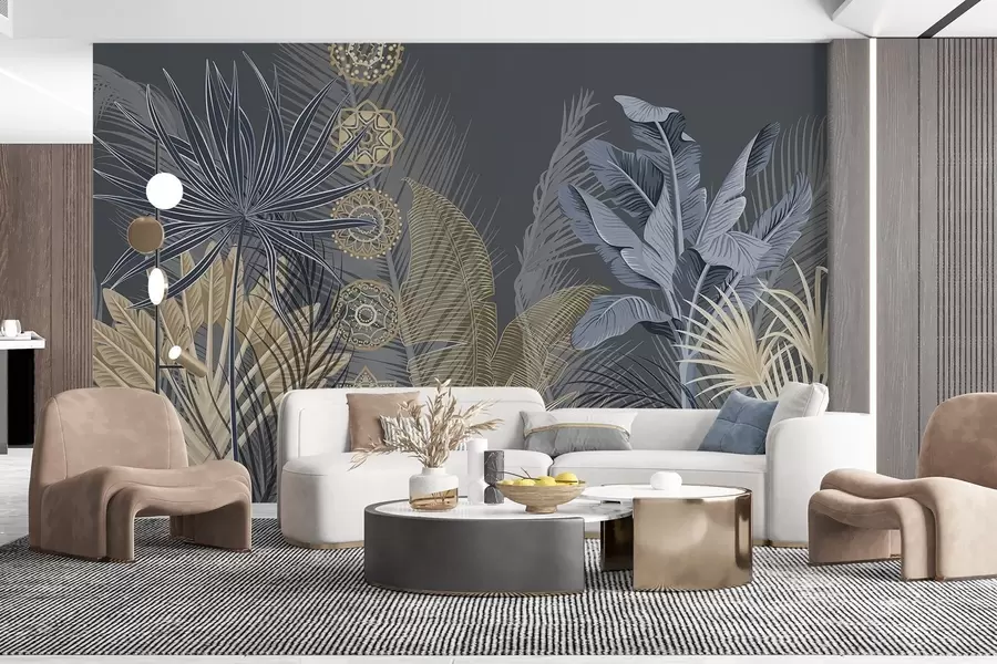 wall murals Тропско лишће у плавим и смеђим тоновима, палмино лишће, лишће банане и украси од мандала, тамна позадина w08913
