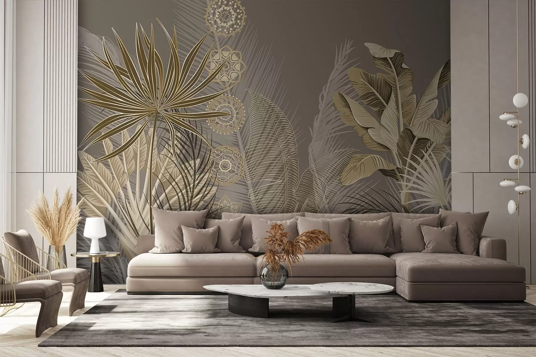 wall murals Тропско лишће у беж и браон тоновима, палмино лишће, лишће банане и орнаменти мандала, тамна позадина w08913v1