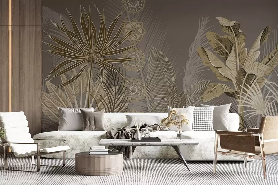 wall murals Тропско лишће у беж и браон тоновима, палмино лишће, лишће банане и орнаменти мандала, тамна позадина w08913v1