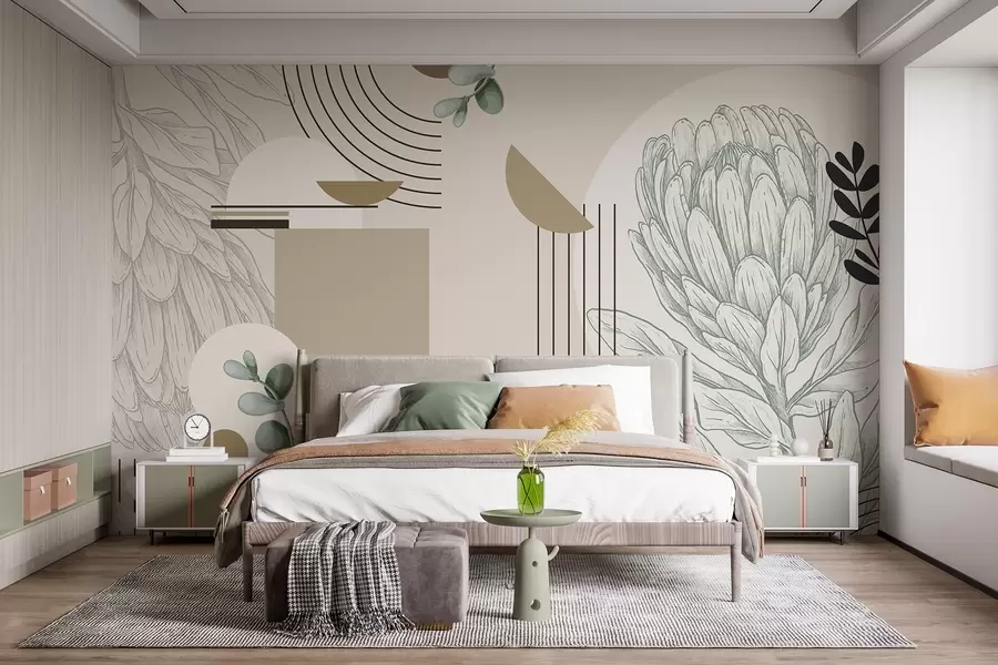 wall murals Апстрактни ботанички принт са цветом протеа, листовима еукалиптуса, геометријским облицима у минималистичком стилу, пастелним бојама w08914