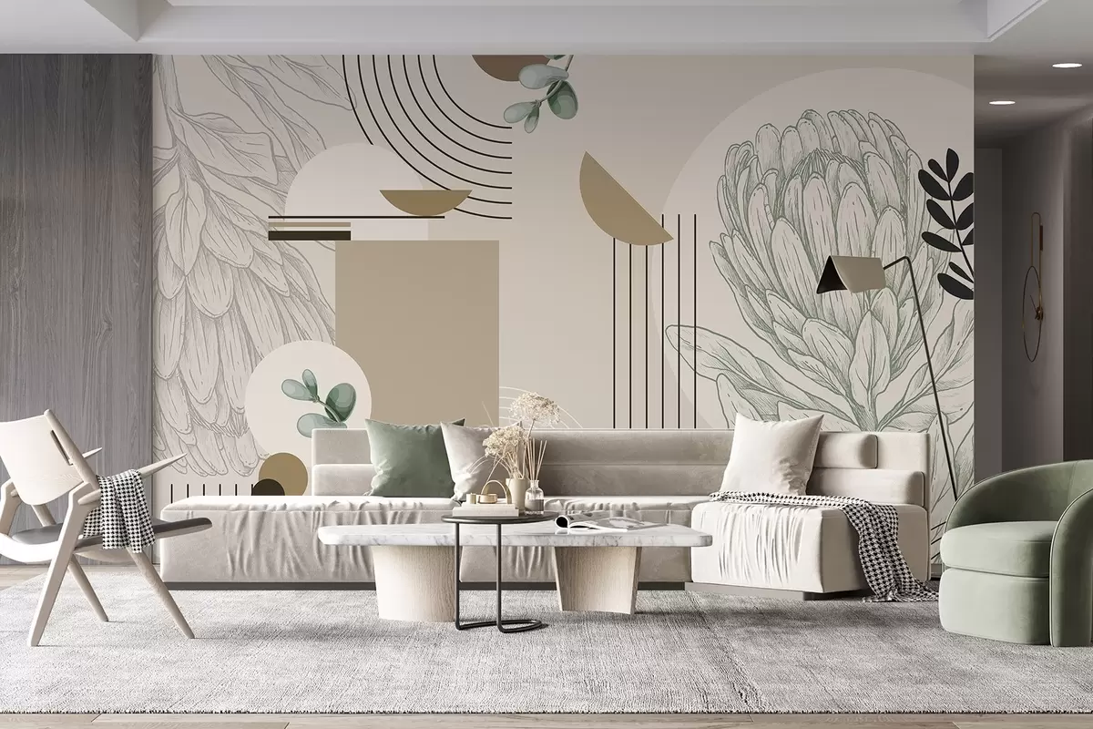 wall murals Апстрактни ботанички принт са цветом протеа, листовима еукалиптуса, геометријским облицима у минималистичком стилу, пастелним бојама w08914