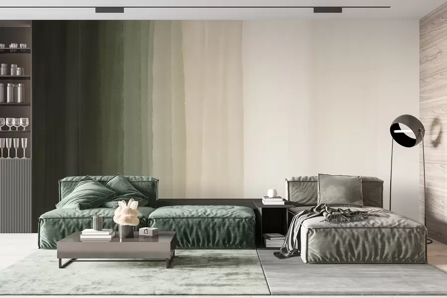 wall murals Апстрактни минималистички градијент принт са вертикалним пругама тамнозелене, беж и беле боје w08915