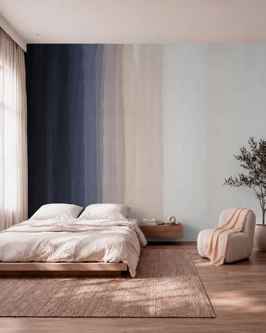 wall murals Апстрактни минималистички градијент принт са вертикалним пругама тамноплаве, светло брескве и беле боје w08915v1