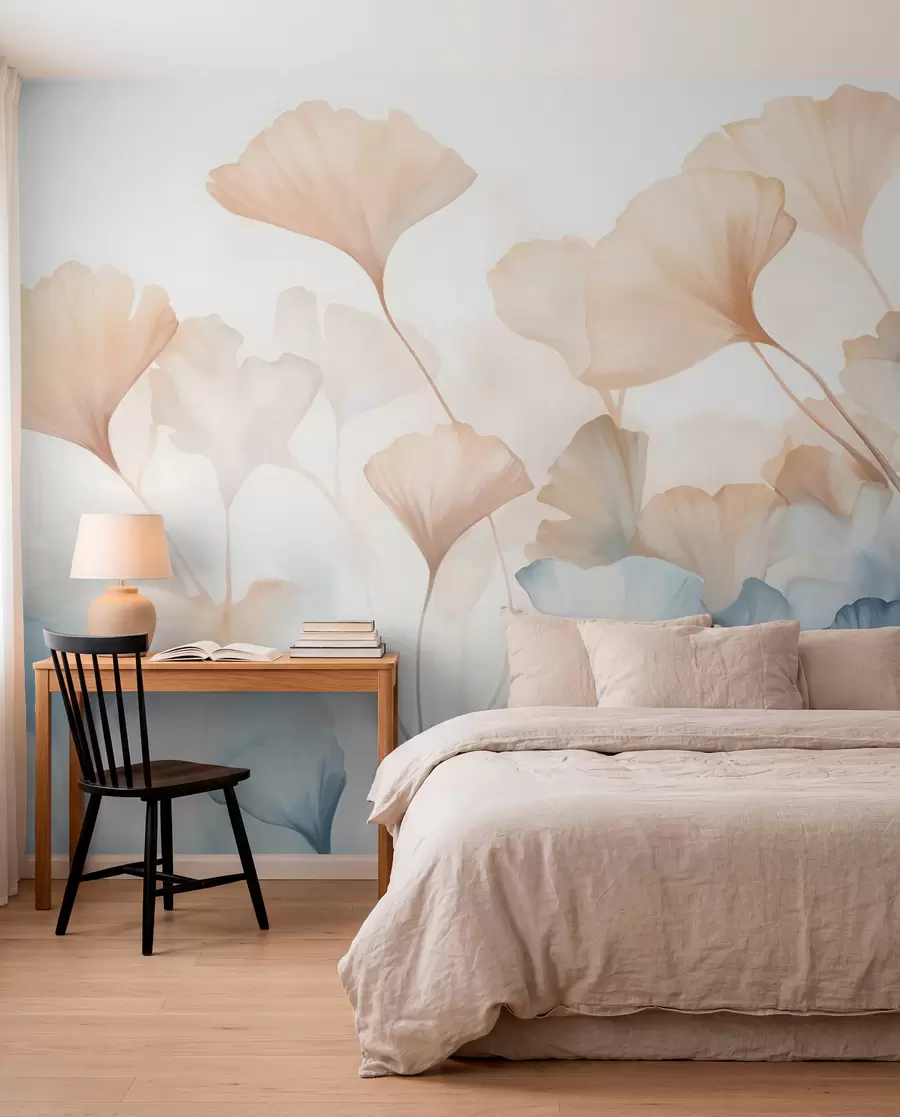 wall murals Листови гинка у плавој и наранџастој акварелу, прозирне латице, деликатне стабљике, мека палета боја w08917