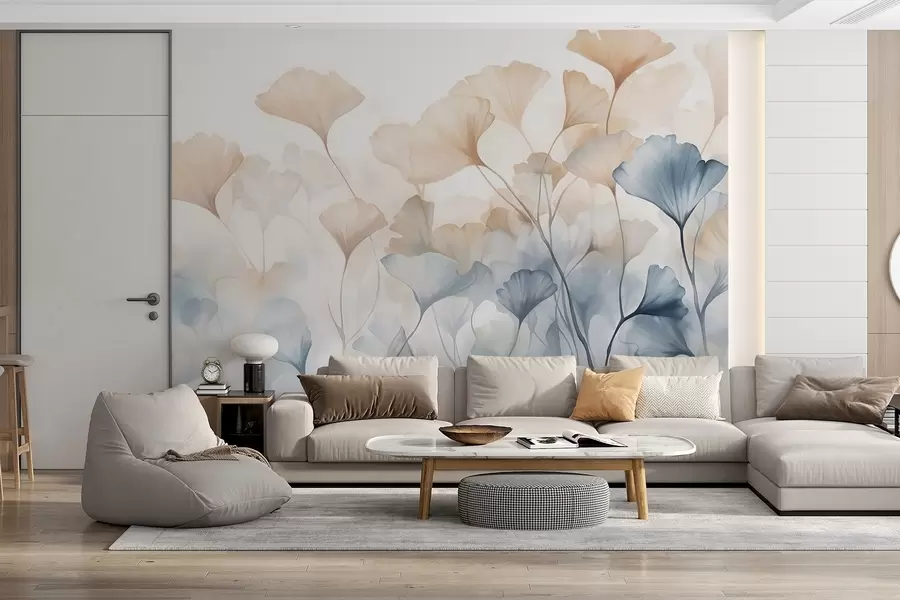 wall murals Листови гинка у плавој и наранџастој акварелу, прозирне латице, деликатне стабљике, мека палета боја w08917