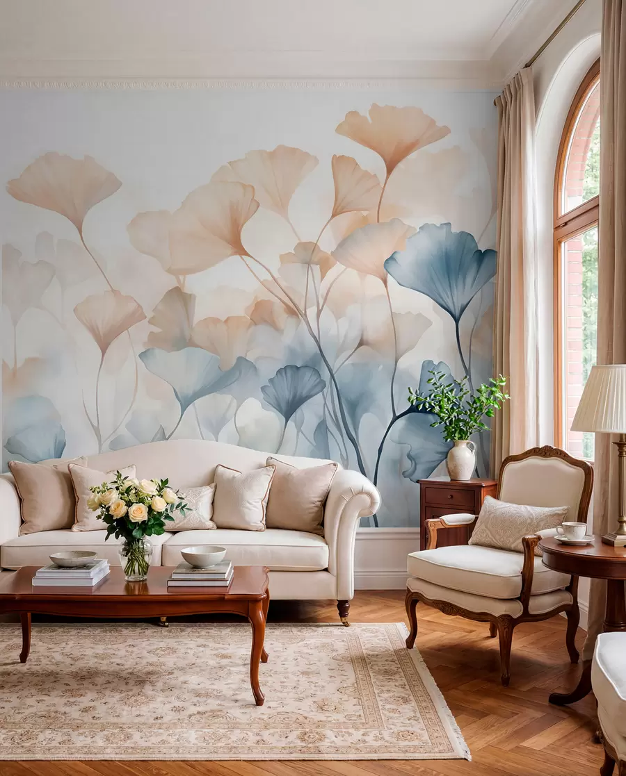 wall murals Листови гинка у плавој и наранџастој акварелу, прозирне латице, деликатне стабљике, мека палета боја w08917
