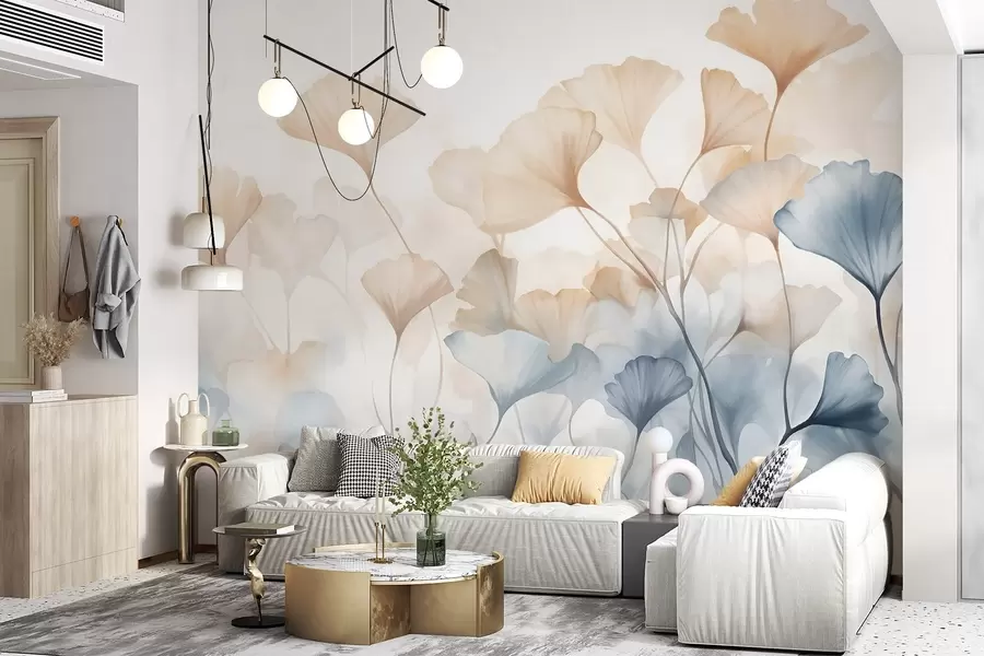 wall murals Листови гинка у плавој и наранџастој акварелу, прозирне латице, деликатне стабљике, мека палета боја w08917