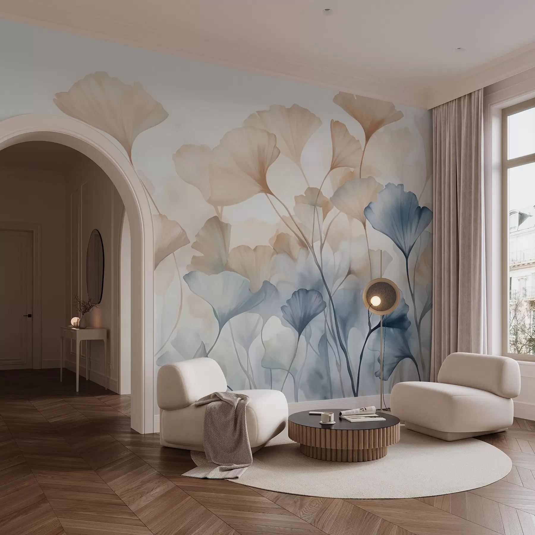 wall murals Листови гинка у плавој и наранџастој акварелу, прозирне латице, деликатне стабљике, мека палета боја w08917