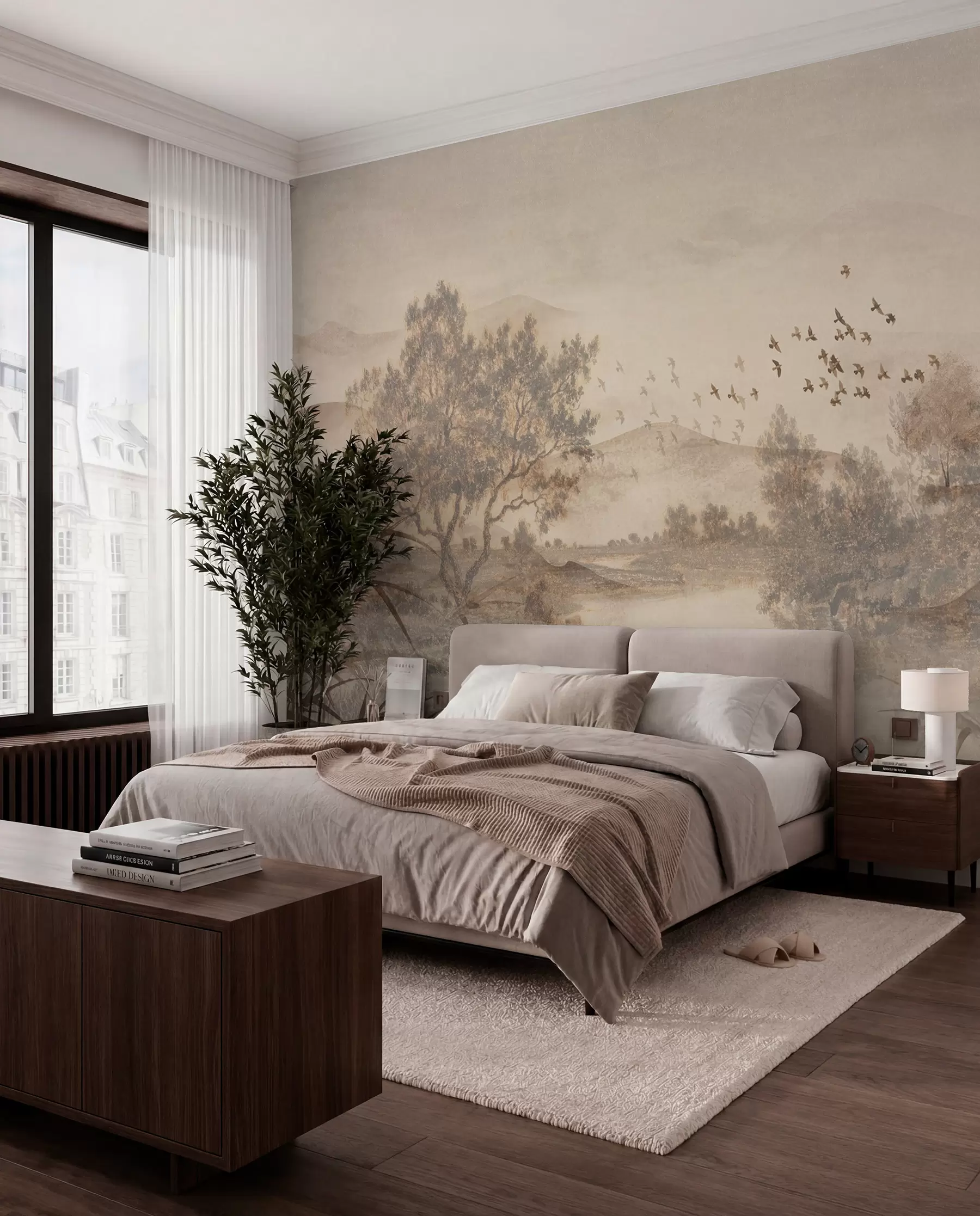 wall murals Текстурирани старински пејзаж са дрветом у близини реке и облачним небом, природна уметност у тоновима сепије w08920