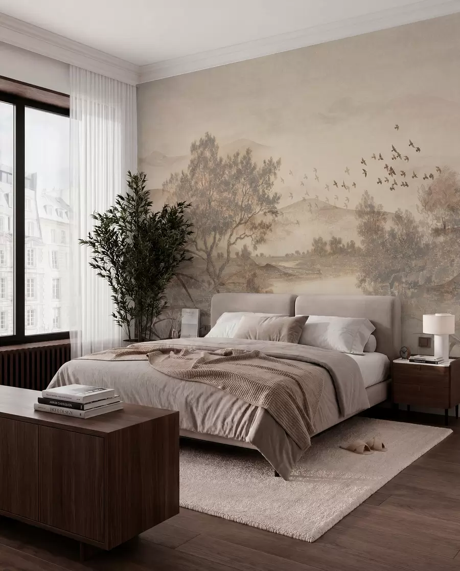 wall murals Текстурирани старински пејзаж са дрветом у близини реке и облачним небом, природна уметност у тоновима сепије w08920