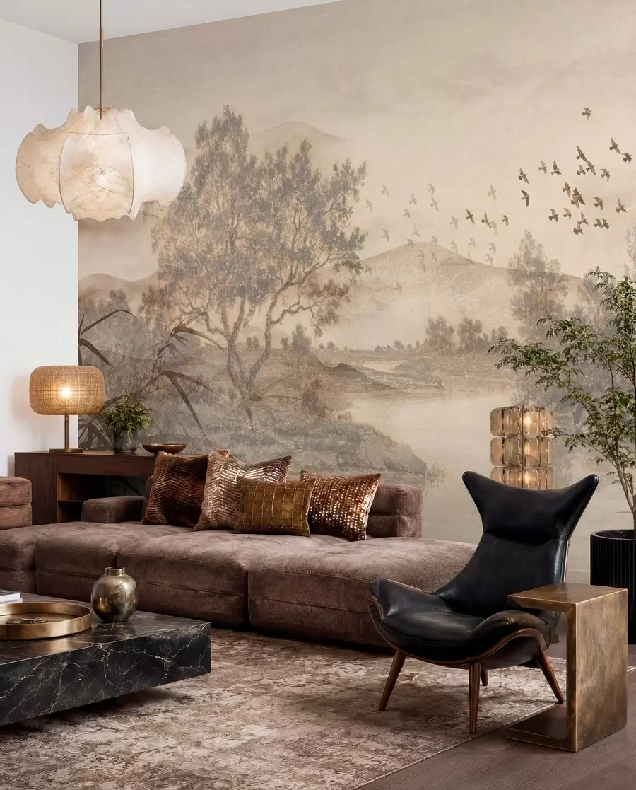 wall murals Текстурирани старински пејзаж са дрветом у близини реке и облачним небом, природна уметност у тоновима сепије w08920