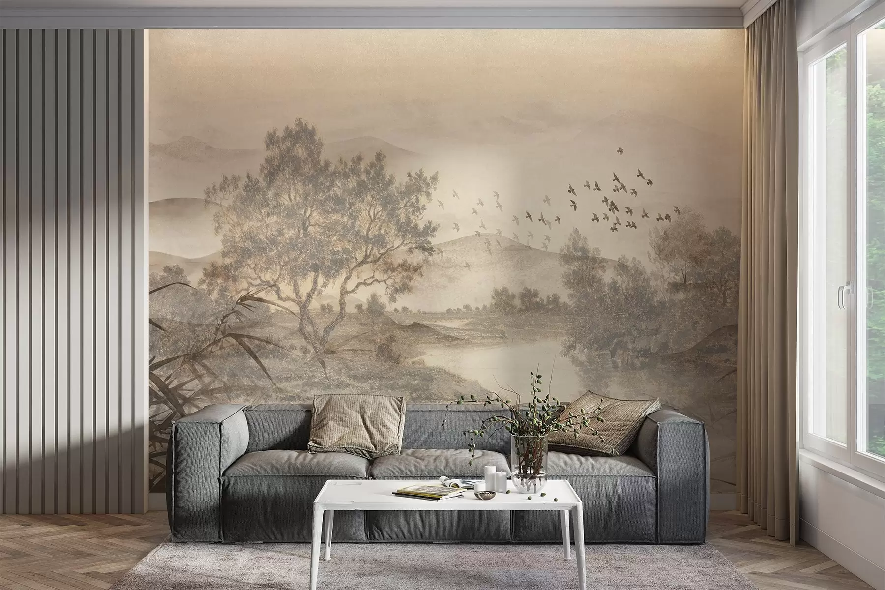wall murals Текстурирани старински пејзаж са дрветом у близини реке и облачним небом, природна уметност у тоновима сепије w08920