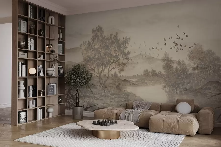 wall murals Текстурирани старински пејзаж са дрветом у близини реке и облачним небом, природна уметност у тоновима сепије w08920