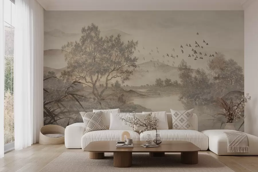 wall murals Текстурирани старински пејзаж са дрветом у близини реке и облачним небом, природна уметност у тоновима сепије w08920
