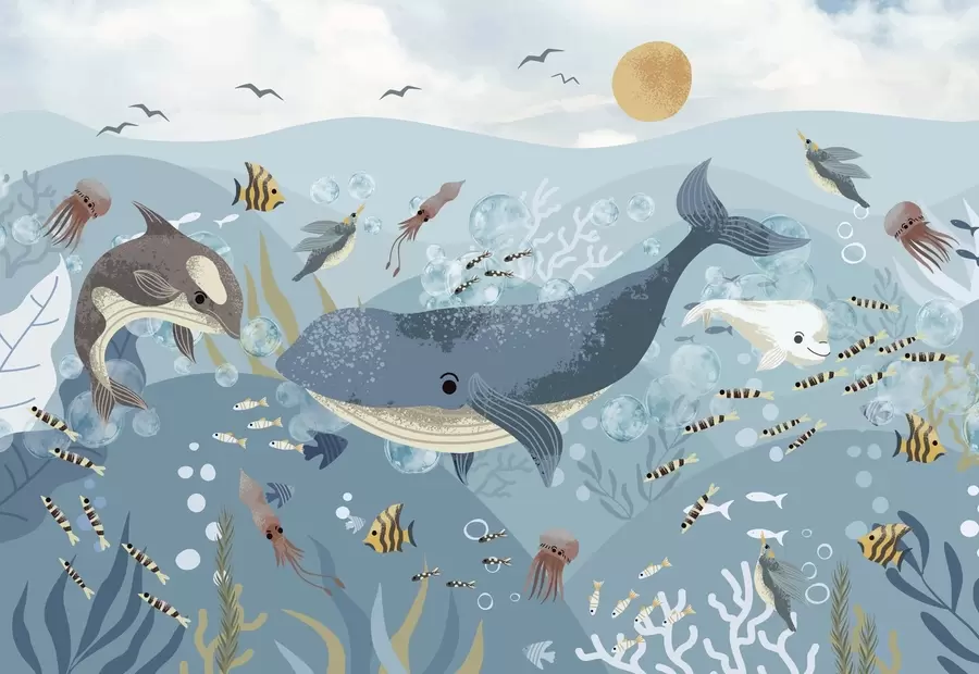 wall murals Дечија илустрација слатка штампа са плавим китом окруженом рибама, лигњама, медузама у плавом океану са мехурићима w08921