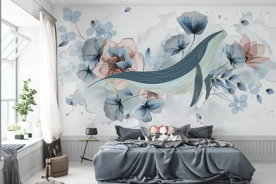 wall murals Плави кит са цвећем, стил акварела, светло плаве и розе боје, светла позадина w08922