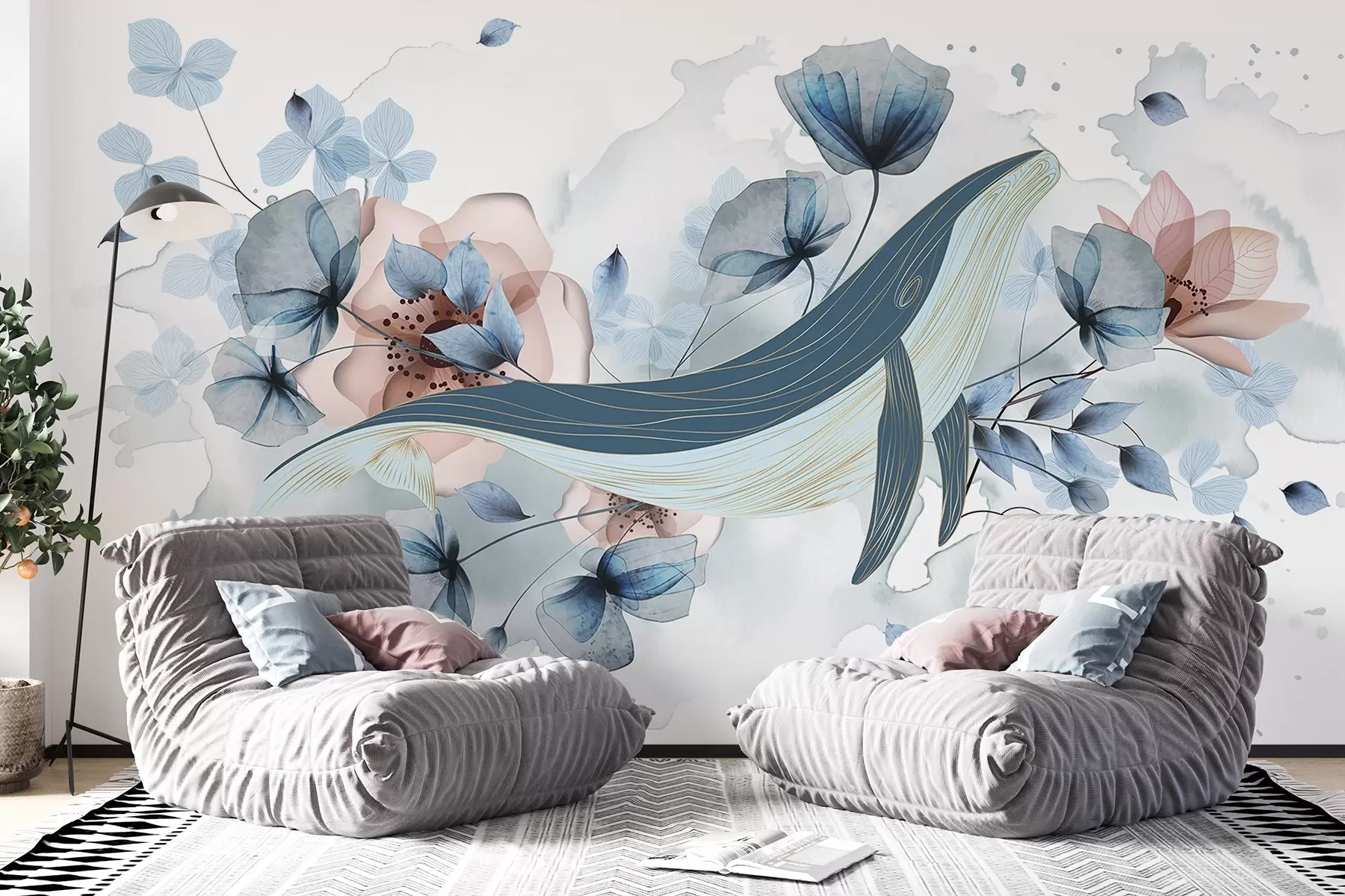 wall murals Плави кит са цвећем, стил акварела, светло плаве и розе боје, светла позадина w08922