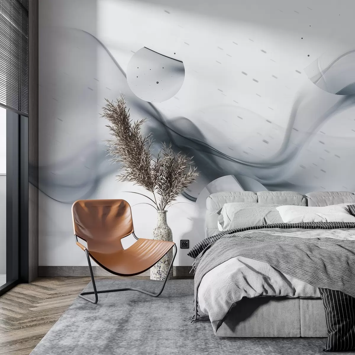 wall murals Геометријска апстракција таласа, замагљен стил, градијент, сиве боје w03404v3