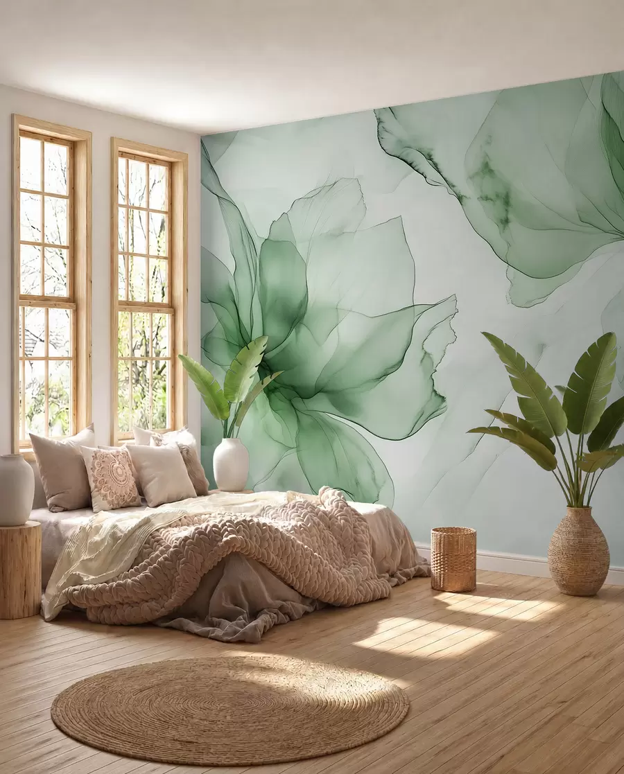 wall murals Цвеће у течном стилу, цветна апстракција, акварел, палета зелених боја w03406