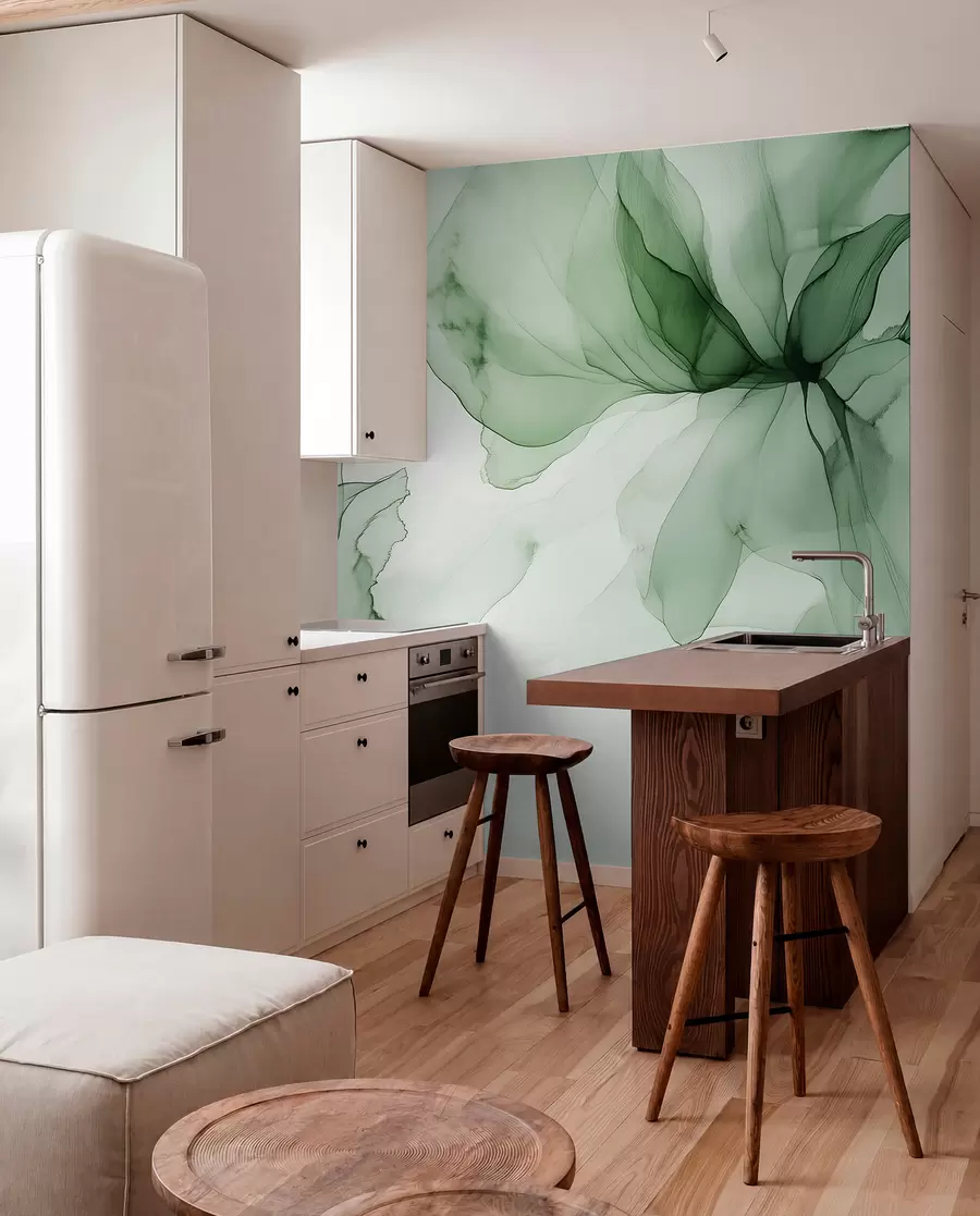 wall murals Цвеће у течном стилу, цветна апстракција, акварел, палета зелених боја w03406