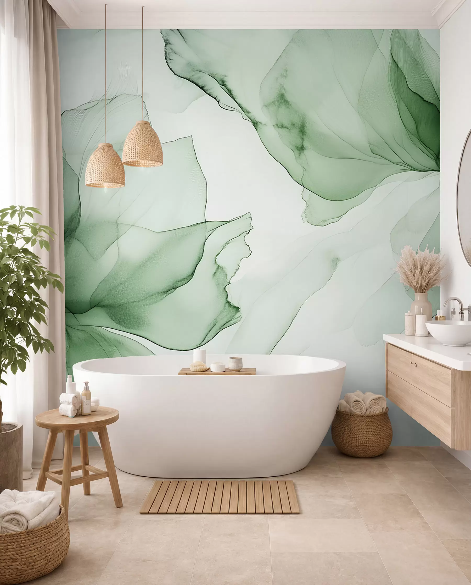 wall murals Цвеће у течном стилу, цветна апстракција, акварел, палета зелених боја w03406