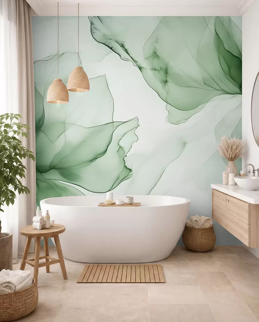 wall murals Цвеће у течном стилу, цветна апстракција, акварел, палета зелених боја w03406