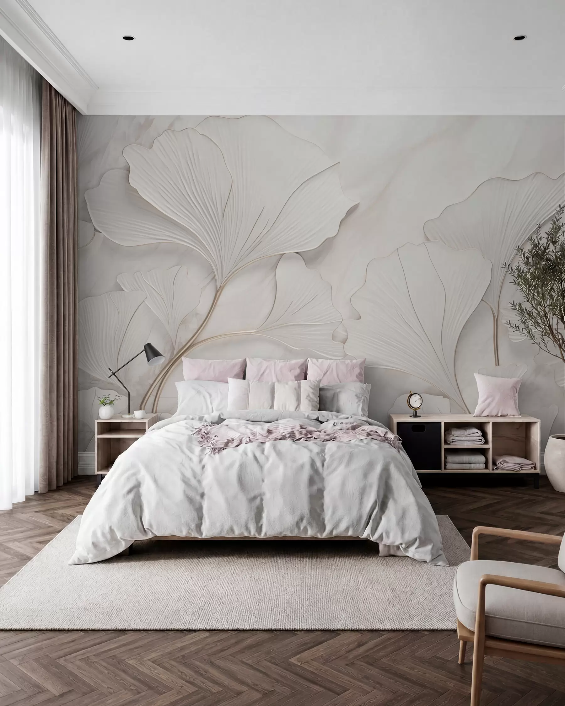 wall murals Пастелни листови на мермерној позадини w03440