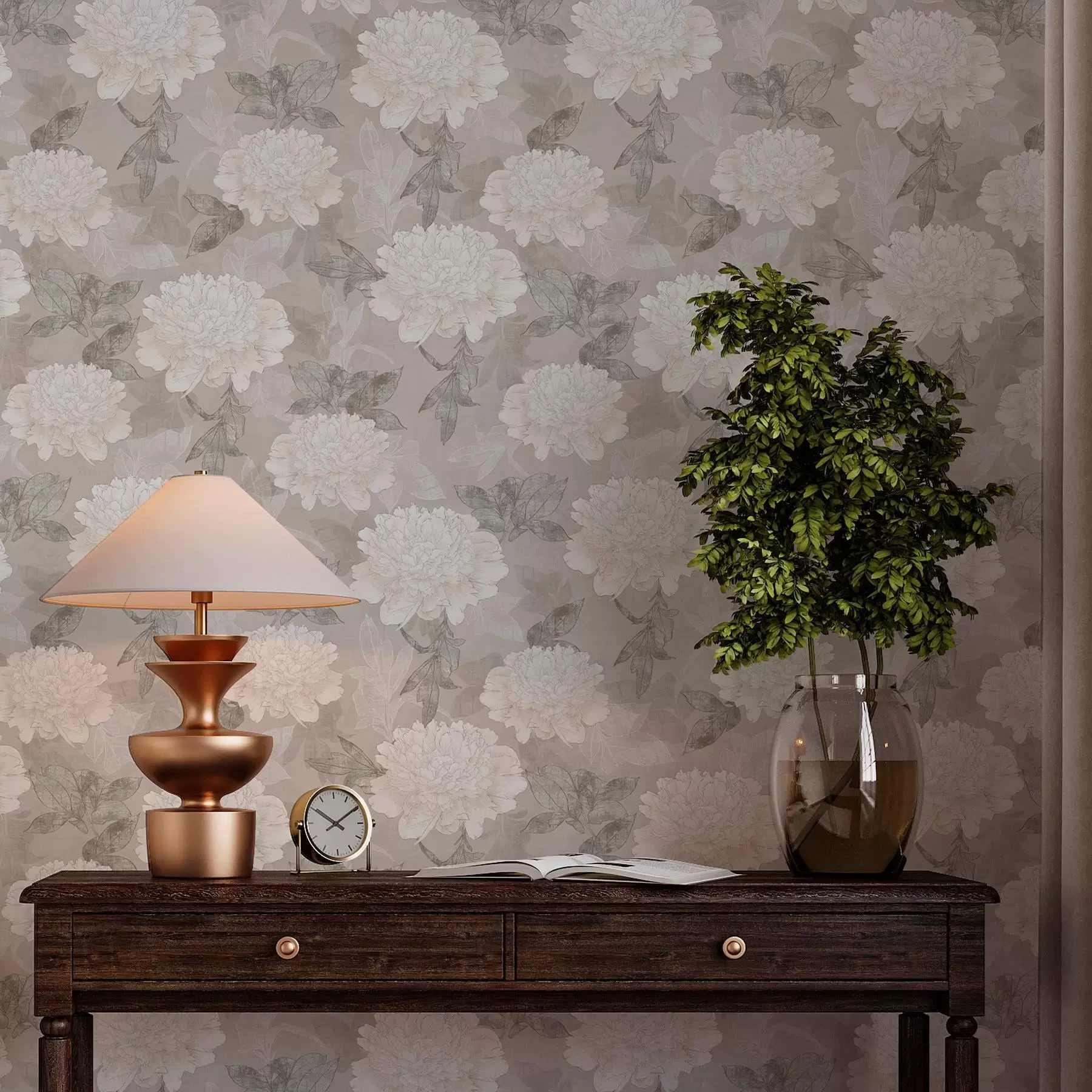 wall murals Божури и лишће светле боје у грунге стилу a00005