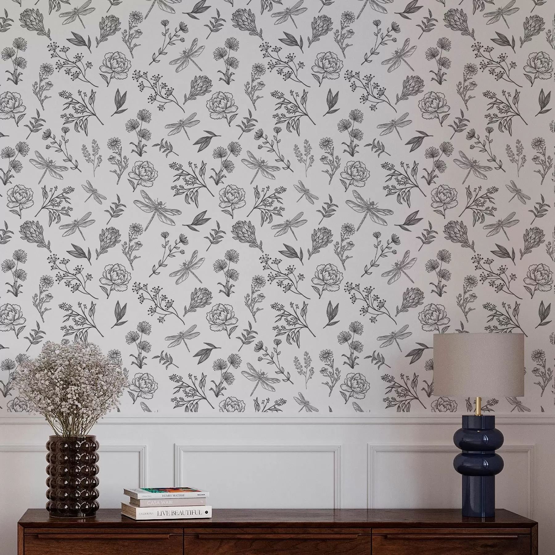 wall murals Цвеће, лишће и вилини коњици на белој позадини a00025v1