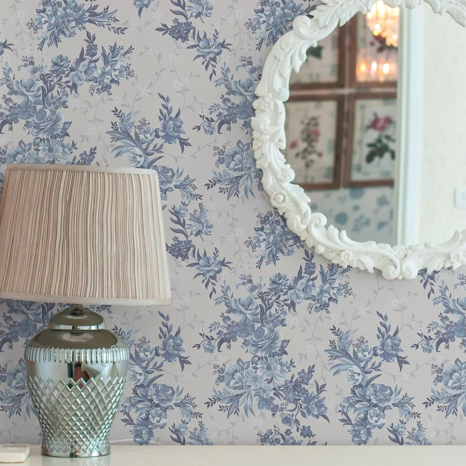 wall murals Нежно цвеће и лишће у плавим и плавим бојама на светлој позадини a00027