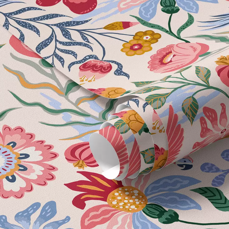 wall murals Светла композиција цветова и бобица са папагајима a00046