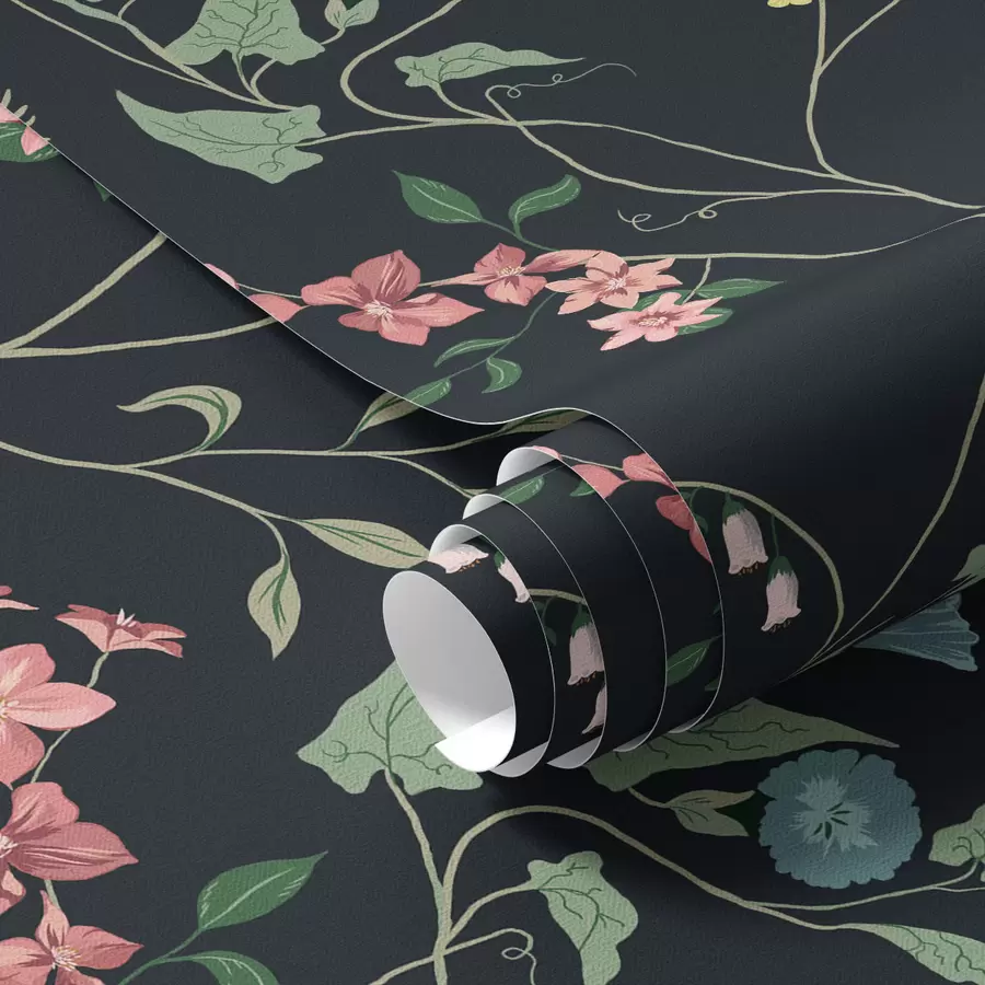 wall murals Цвеће, лишће и стабљике на тамној позадини a00047