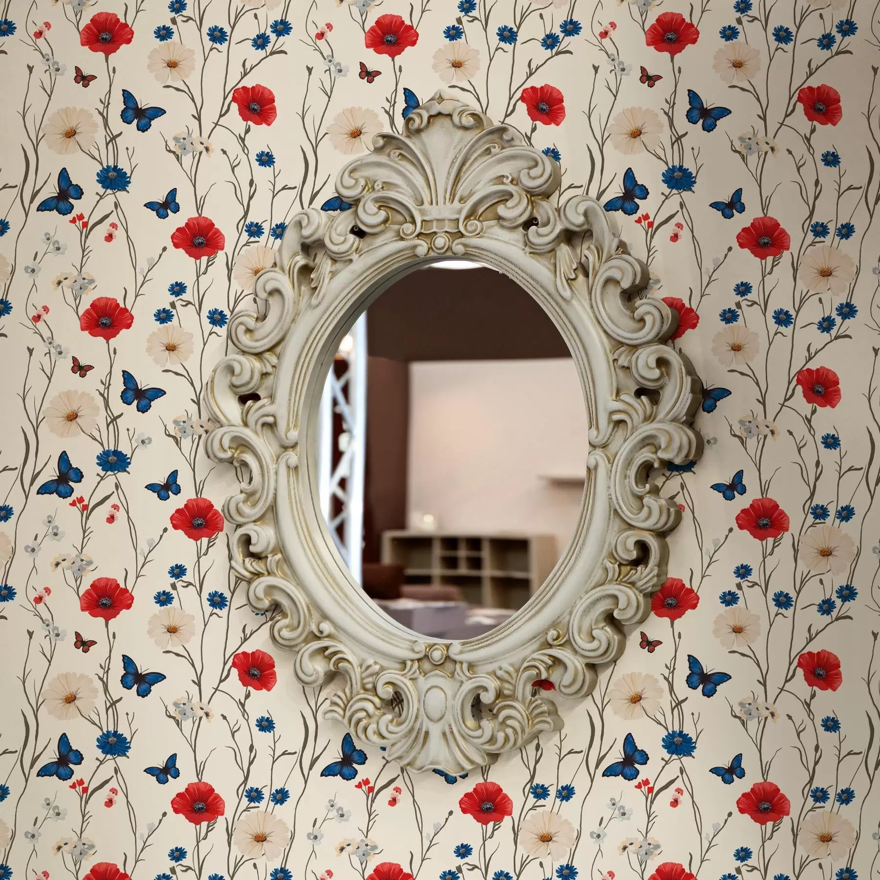 wall murals Мак, тратинчице и лептири на белој позадини a00072