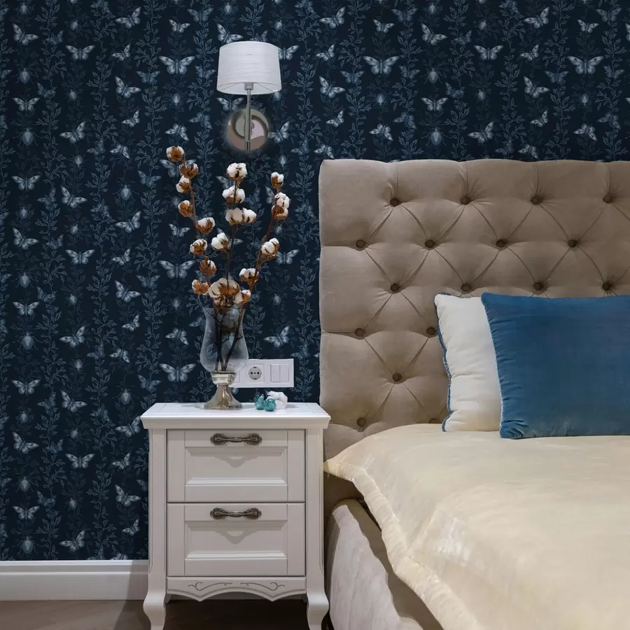 wall murals Композиција са лептирима, лишћем и инсектима на плавој позадини a00073