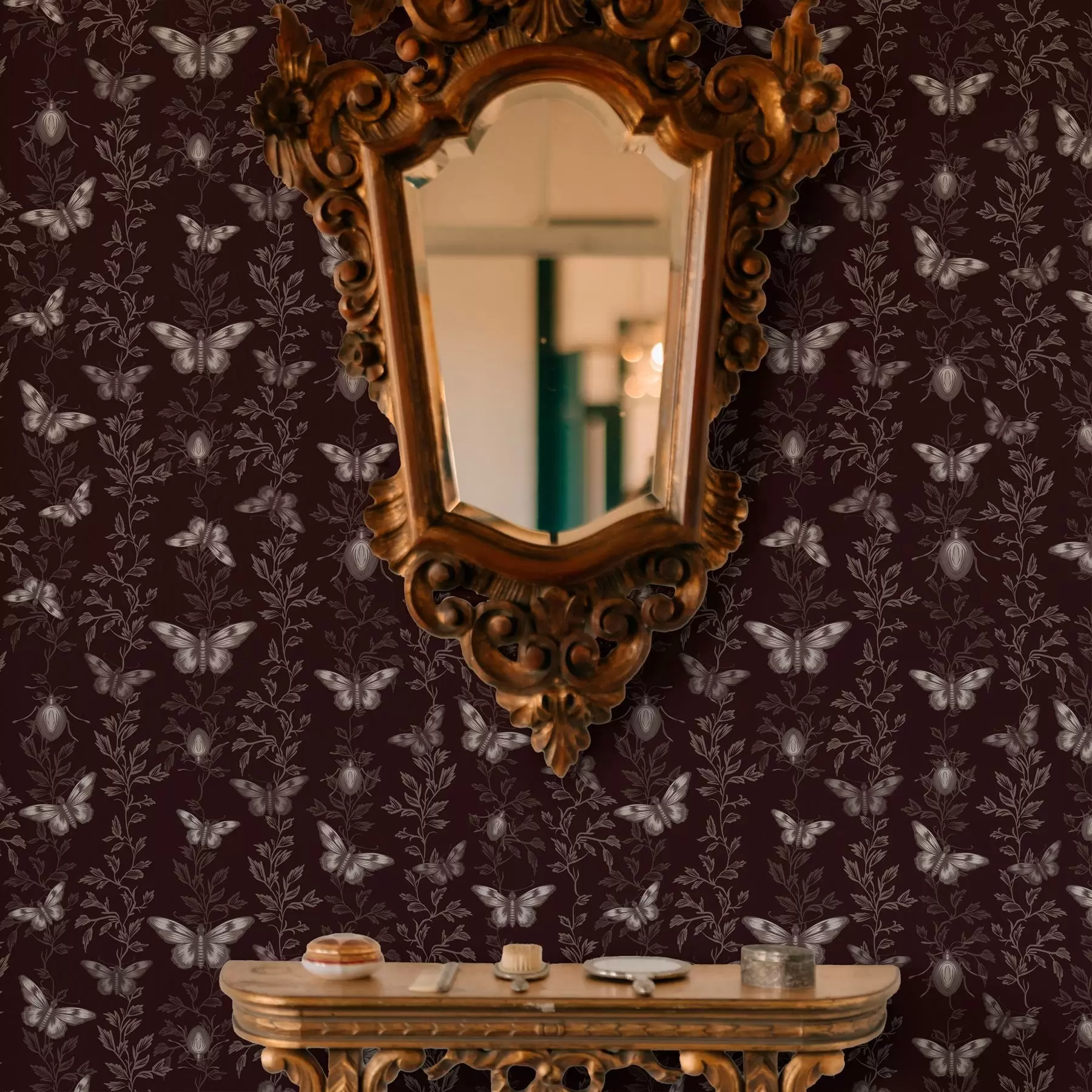 wall murals Композиција са лептирима, лишћем и инсектима на тамној позадини a00073v1