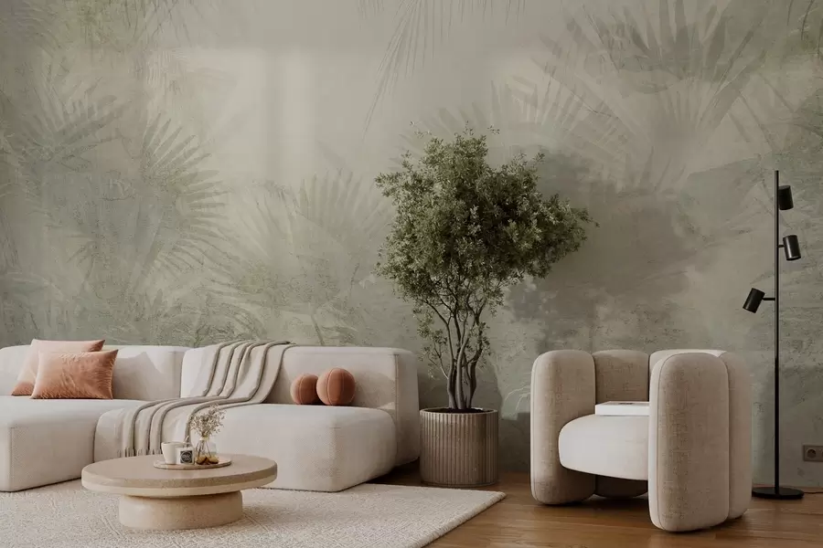 wall murals Текстуриране тропске ретро тапете у беж тоновима w03399