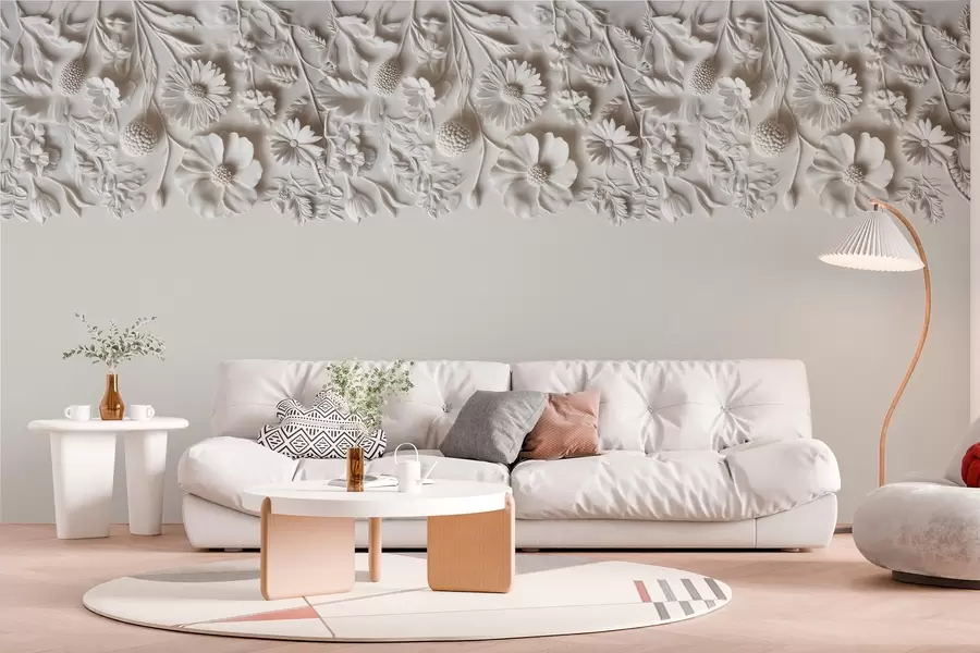 wall murals Имитација бас-рељефа цвећа на врху у млечној боји w03398v1