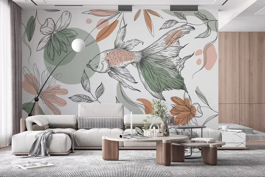 wall murals Цртање рибе са цвећем, минимализам, морске, цветне, природне боје w03448