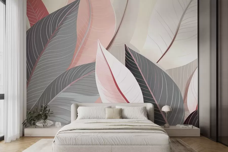 wall murals Крупни план листова у сивим и ружичастим тоновима w08944v1