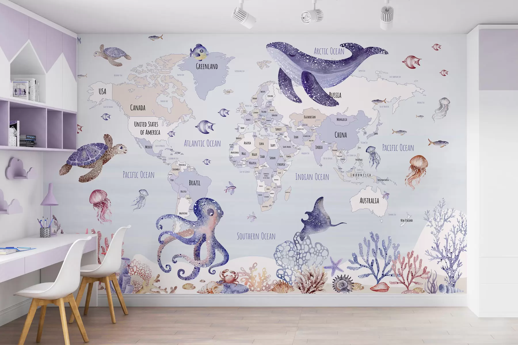 wall murals Подводни свет са мапом света w03526v1
