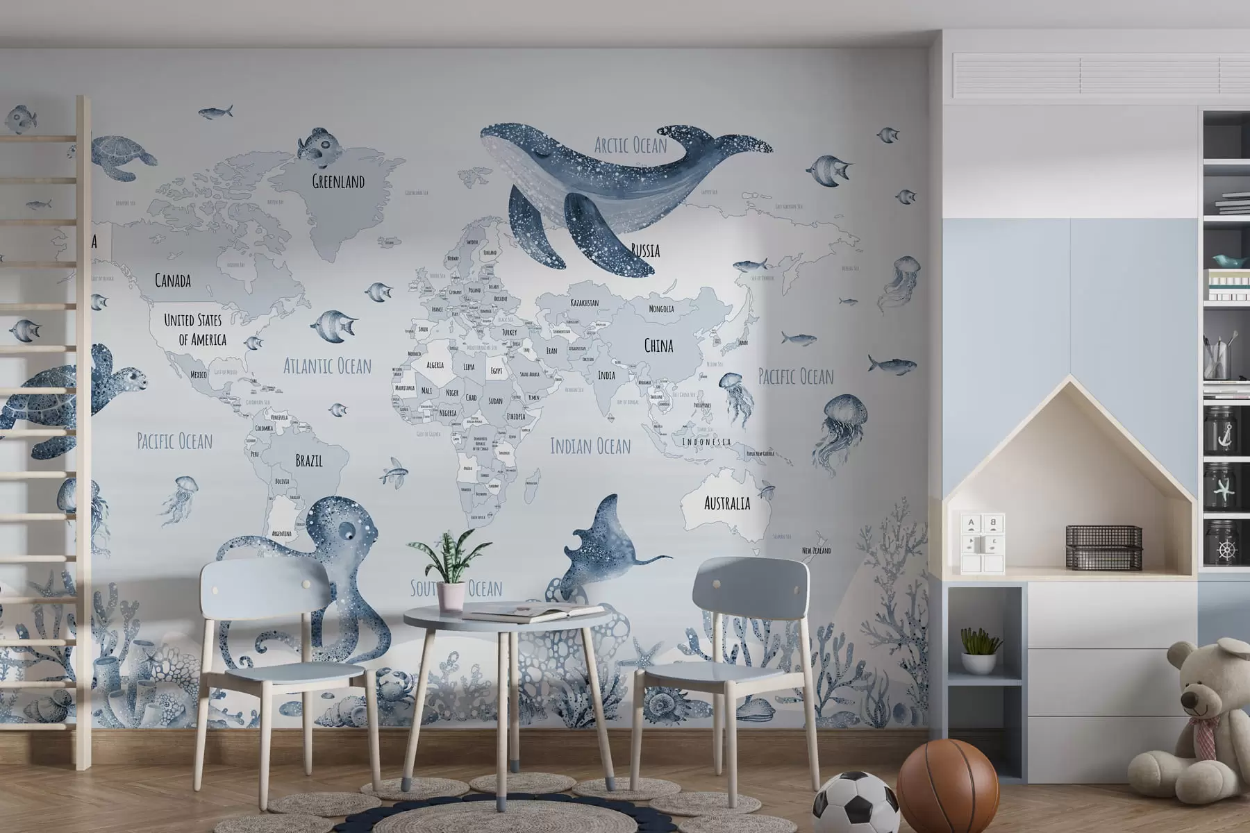 wall murals Подводни свет са мапом света w03526v3