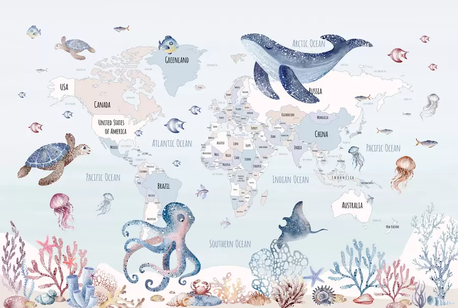 wall murals Подводни свет са мапом света w03526