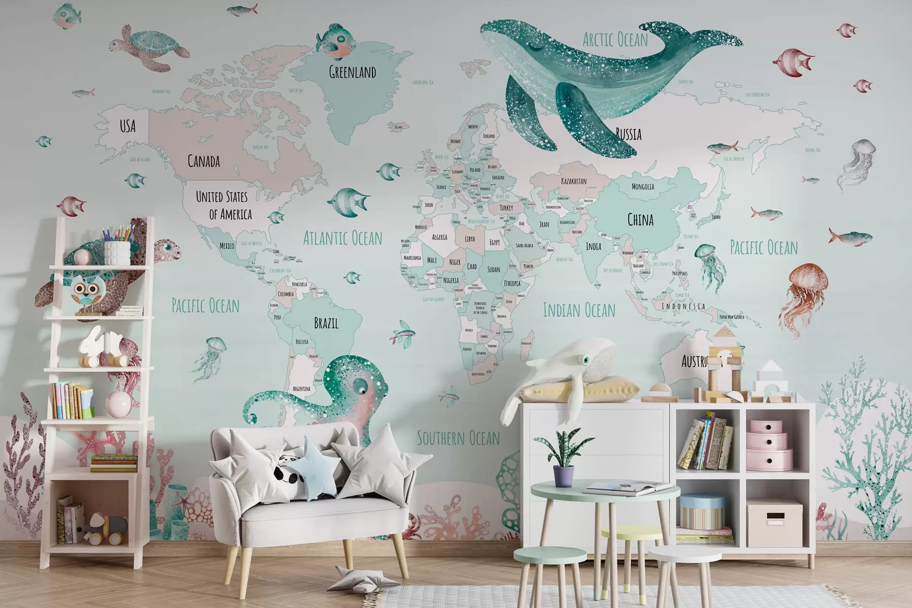 wall murals Подводни свет са мапом света w03526v2