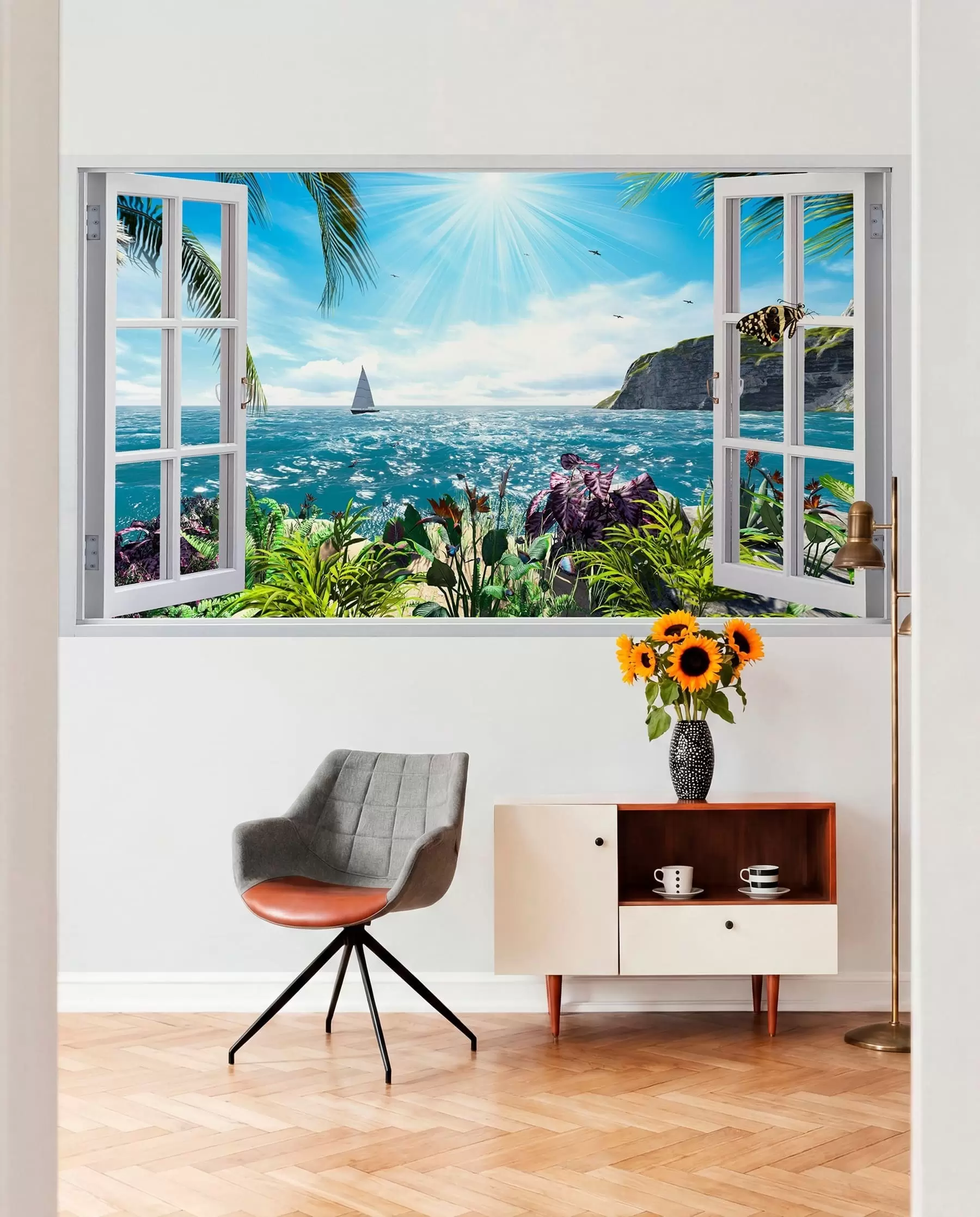 wall murals Поглед са прозора до мора и јахте u54608