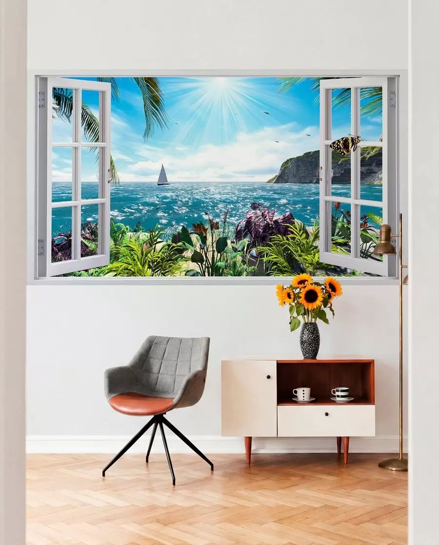 wall murals Поглед са прозора до мора и јахте u54608